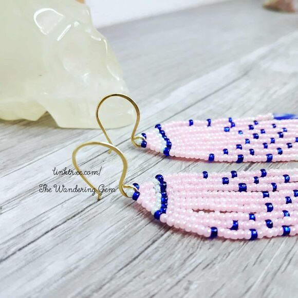 Pink & Blue Beaded Fringe Cascade Shoulder Duster Dangle Earrings, Boho Chic 4" - Picture 7 of 7